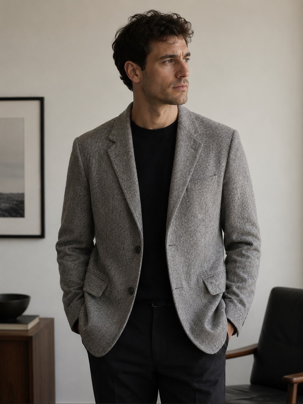 Vintage Rubin Wool Blazer Grey Textured Classic Tailored Minimalist 41 L